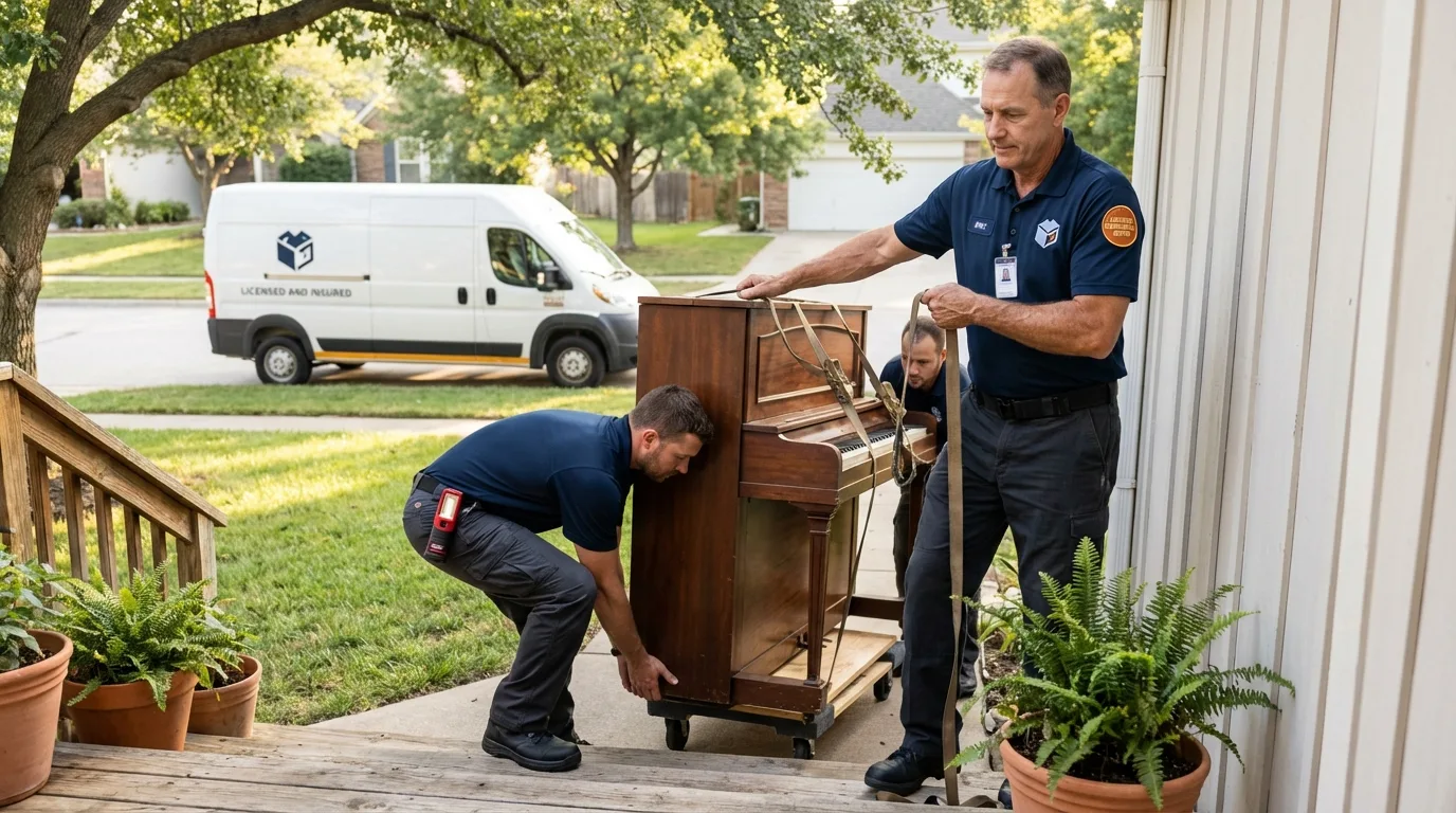 Licensed piano movers securing grand piano in Bayside, NY