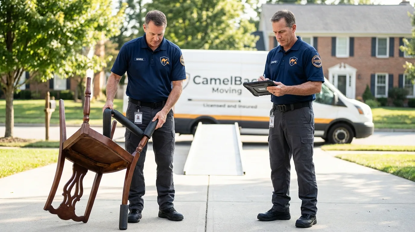 Movers inspecting furniture for damage prevention before loading in Bayside, NY
