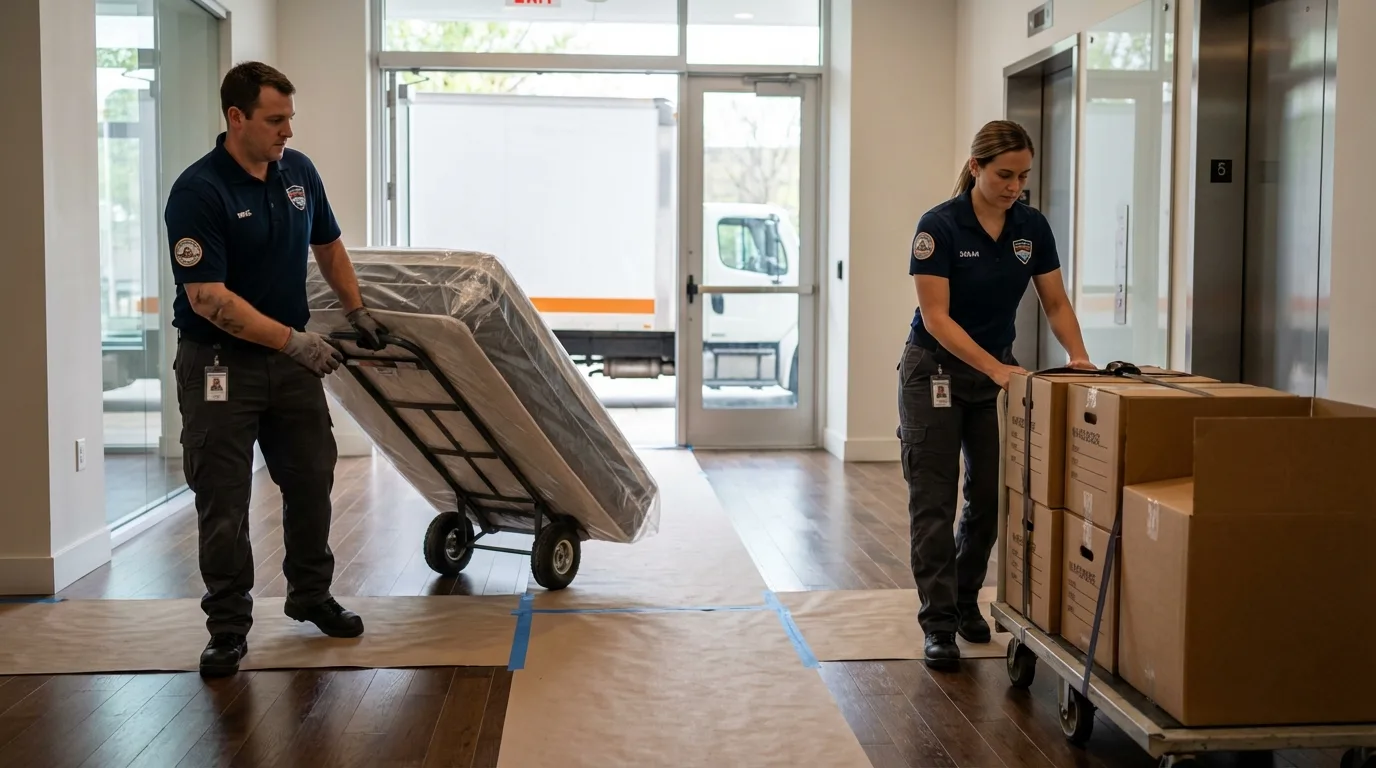 Professional apartment movers loading elevator in Bayside, NY